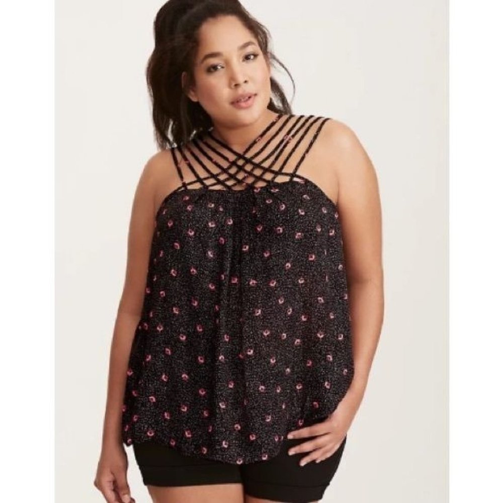 Torrid Floral Black Orange Floral Size 0 Large Strappy Neck Georgette Tank Cami